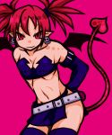 belt demon_girl demon_tail demon_wings disgaea earrings elbow_gloves etna face flat_chest gloves jewelry midriff nagare26 navel nippon_ichi pointy_ears red_eyes red_hair redhead short_hair skirt skull smile solo tail tail_raised thighhighs twintails wings