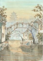  arch_bridge architecture boat bridge canal china commentary_request east_asian_architecture evening highres orange_sky original outdoors painting_(medium) paruperu people real_world_location redrawn scenery sky tower traditional_media tree water watercolor_(medium) watercraft 
