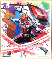 1boy animification armored_bodysuit character_name commentary_request copyright_name den-o_belt full_body kamen_rider kamen_rider_den-o kamen_rider_den-o_(series) kamen_rider_den-o_(sword_form) kintaros kuchibiru_keisuke male_focus official_art rider_belt ryutaros sieg solo tokusatsu traditional_media train urataros