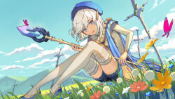  1girl afk_(series) afk_journey beret blue_eyes blue_hat blue_shoes blue_sky blue_vest cassadee_(afk) clouds commentary_request flats flower gin_(oyoyo) grass grey_hair grey_thighhighs hat holding holding_staff long_sleeves looking_at_viewer mage_staff medium_hair mountainous_horizon neck_ribbon on_ground outdoors parted_lips planted planted_sword ribbon shirt shoes shorts sitting sky sleeveless solo staff striped_clothes sword thigh-highs thighs vertical-striped_clothes vest weapon 