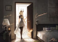  1girl absurdres ahoge arknights asic_(2595268715) bed bedroom bodystocking book breasts character_doll commentary commission cushion dated doll doorway dragon_girl dragon_horns drawer dress english_commentary flower green_eyes hair_flower hair_ornament highres horns indoors lamp lantern necrass_(arknights) official_alternate_costume open_book picture_frame pillow plant potted_plant reed_(arknights) reed_the_flame_shadow_(arknights) second-party_source signature small_breasts solo standing stuffed_animal stuffed_dragon stuffed_toy wall_carpet white_dress white_flower 