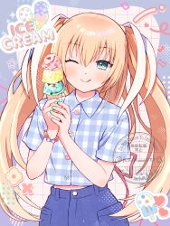  1girl :q ;) ;q alternate_costume aqua_eyes aqua_nails bead_bracelet beads blonde_hair blue_border blue_shirt blue_skirt blush border bracelet casual closed_mouth collared_shirt commentary cowboy_shot dress_shirt english_text eyelashes food hair_between_eyes hair_ribbon hands_up happy highres holding holding_food holding_ice_cream holding_ice_cream_cone ice_cream ice_cream_cone jewelry little_busters! long_hair looking_at_viewer midriff_peek nail_polish one_eye_closed outside_border own_hands_together piyo_(kinkooo333) plaid_clothes plaid_shirt ribbon shirt short_sleeves sidelocks simple_background skirt smile solo split_mouth star_(symbol) tokido_saya tongue tongue_out two_side_up very_long_hair white_background white_ribbon 
