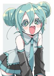  +_+ 1girl absurdres alternate_hairstyle aqua_eyes aqua_hair aqua_necktie aqua_shirt aqua_skirt aqua_sleeves aqua_thighhighs bare_shoulders black_skirt black_sleeves black_thighhighs blush colored_eyelashes commentary_request detached_sleeves double_bun fang grey_background grey_shirt hair_bun hatsune_miku highres leaning_forward long_sleeves necktie open_mouth pleated_skirt shirt skirt sleeveless sleeveless_shirt smile solo sukoyaka_(100hituzi) thigh-highs two-tone_skirt vocaloid 
