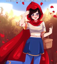  1girl black_hair blue_pants blue_skirt blue_sky blurry blurry_background blush breasts cape clip_studio_paint_(medium) commentary cookie cosplay day denim deviantart_username english_commentary eyelashes food grey_eyes highres holding holding_cookie holding_food holding_hood hood hood_up hooded_cape hoodwinked jeans little_red_riding_hood_(fairy_tale_character) midriff multicolored_hair navel open_mouth outdoors pants pants_under_skirt patreon_username petals picnic_basket red_cape red_hair red_petals red_puckett red_puckett_(cosplay) ruby_rose rwby schrwby shirt short_hair short_sleeves skirt sky smile solo standing standing_on_one_leg teeth tree tumblr_username twitter_username two-tone_hair upper_teeth_only white_shirt 