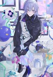  10_io 1boy aqua_eyes aqua_streaks asymmetrical_sleeves balloon black_gloves black_shirt black_shoes blue_socks box collared_shirt commentary_request cosmos_(flower) creature crossed_bangs cup flower full_body gift gift_box gloves hair_between_eyes highres holding holding_flower hoshirube_sho hoshirube_sho_(1st_costume) indoors iridescent_clothes long_hair long_sleeves looking_at_viewer male_focus multicolored_hair nijisanji otomo_(hoshirube_sho) pants pants_under_skirt parted_lips picture_frame pink_flower pleated_skirt purple_flower purple_hair shirt shoes sitting skirt sleeves_past_wrists smile socks solo stool streaked_hair streamers suitcase tea teacup teapot vest virtual_youtuber white_flower white_pants white_vest 