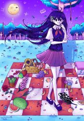  commentary flower hair_flower hair_ornament highres lilysgreenhouse mari_(omori) moon omori omori_(omori) picnic picnic_basket picnic_blanket something_(omori) 