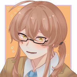 1boy commentary degrees_of_lewdity glasses highres jacket long_hair low_ponytail male_focus necktie orange_hair ponytail portrait shirt sydney_(degrees_of_lewdity) sydney_(male)_(degrees_of_lewdity) two_side_up yellow_eyes 