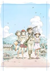  4girls backwards_hat bag baseball_cap behind_another black_hair blue_shirt blue_shoes blue_sky boots brown_boots brown_hair brown_hat brown_overalls car closed_eyes closed_mouth clouds collared_shirt commentary_request day dirt_road dress falling_leaves fish fish_tank glasses green_bag hand_net hand_up hands_on_another's_shoulders hat holding index_finger_raised ishibashi_satomi ishibashi_tomoe landing_net leaf long_hair looking_at_viewer low_twintails mano_jun motor_vehicle multiple_girls now_do!_days open_mouth orange_bag outdoors overalls parted_lips pickup_truck pink_dress pink_hat pink_shoes red_hat red_shorts rice_paddy road rural sandals sekihan shirt shoes short_hair short_sleeves short_twintails shorts shoulder_bag sky sleeveless sleeveless_shirt smile sneakers standing standing_on_one_leg summer teeth trim_marks truck tsurumi_hanako twintails upper_teeth_only village walking walking_towards_viewer white_car white_shirt wristband 