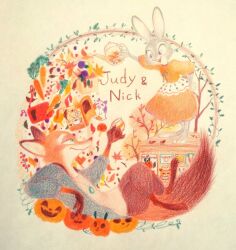  1boy 1girl :3 acorn alternate_costume animal_ears animal_feet animal_nose arm_up autumn autumn_leaves barefoot blue_jacket body_fur book border brown_fur brown_pants buck_teeth carrot character_name closed_mouth colored_pencil_(medium) commentary_request crossed_legs cup dress drinking_glass eye_contact fox_boy fox_ears fox_tail full_body furry furry_female furry_male ghost green_eyes grey_fur half-closed_eyes hand_on_own_hip happy holding holding_cup jack-o'-lantern jacket jewelry judy_hopps leaf looking_at_another looking_down lying meme_(penpengusa_no_meme) multicolored_fur musical_note necklace nick_wilde on_back open_book open_clothes open_jacket open_mouth orange_dress orange_fur outstretched_arm pants partial_commentary paw_print pouring profile puffy_sleeves pumpkin rabbit_ears rabbit_girl round_border shirt smile snout standing sticker tail teacup teeth traditional_media two-tone_fur violet_eyes white_fur white_shirt zootopia 