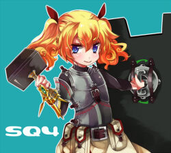  1girl aqua_background armor belt belt_buckle belt_pouch black_bodysuit blonde_hair blue_eyes bodysuit brown_belt buckle closed_mouth commentary_request drop390_(sakuma) fortress_(sekaiju) fortress_2_(sekaiju) hair_between_eyes hammer hand_up holding holding_hammer holding_shield light_blush looking_at_viewer outline pouch sekaiju_no_meikyuu sekaiju_no_meikyuu_4 shield simple_background smile solo tower_shield twintails white_outline 