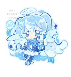  1girl 2026 akiaru angel angel_wings art_fight_attack artist_name bag blue_bag blue_boots blue_bow blue_eyes blue_hair blue_theme boots bow dress gift_art halo handbag hatsune_miku heart highres solo spoken_heart twintails vocaloid white_background white_dress white_halo wings yuki_miku 