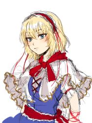  1girl alice_margatroid blonde_hair blue_dress blue_eyes capelet commentary_request cowboy_shot dress frilled_hairband frilled_neckerchief frilled_sash frills hairband highres korean_commentary kuya_(hey36253625) medium_hair neckerchief parted_lips red_hairband red_neckerchief red_ribbon red_sash ribbon sash short_sleeves sketch solo touhou white_background white_capelet 