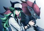  blue_eyes green_eyes green_hair hat long_hair lowres male n_(pokemon) pokemon ponytail wristband zoroark 