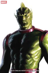 1boy abs absurdres alex_ross artist_name belt comic_cover commentary copyright_logo copyright_name cover cover_page english_commentary fins fish_boy green_eyes green_scales head_fins highres logo looking_at_viewer male_focus marvel monster_boy muscular muscular_male official_art pointy_ears purple_belt realistic scales solo triton_(marvel) upper_body western_comics_(style) white_background x-men 
