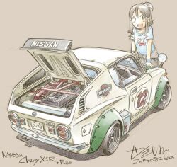 1girl black_eyes blue_shirt brown_hair brown_jacket car clothes_around_waist commentary_request engine grey_background jacket jacket_around_waist medium_hair mima_nonoka motor_vehicle nissan nissan_cherry open_car_hood open_mouth ponytail race_vehicle racecar sekihan shirt short_sleeves sidelocks sideways_glance simple_background smile solo standing teeth upper_teeth_only vehicle_name white_car wristband zesshaka!_shiritsu_yotsuwa_joshi_gakuin_zetsumetsu_kigu-sha_gakka 