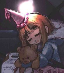  1girl 1other 482egg birthday blue_jacket braces brown_hair car_interior child closed_eyes fur-trimmed_jacket fur_trim hat holding holding_stuffed_toy hood hood_down jacket open_mouth original overlighting party_hat sawyer_(482egg) seatbelt sleeping solo_focus stuffed_animal stuffed_toy teddy_bear thick_eyebrows tutu 