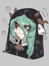 1girl absurdres animal animal_ears bead_necklace beads bell black_sclera bottle_hair_ornament coffin_hair_ornament colored_sclera cow_ears cow_girl cow_horns cowbell crelly crelly_(mold_mother) cross-shaped_pupils dress grey_sclera highres horns indie indie_virtual_youtuber jewelry makeup mismatched_sclera mold necklace nun_headdress peachtii(artist) runny_makeup symbol-shaped_pupils virtual youtuber 