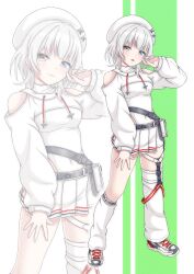  1girl a5hio absurdres bang_dream! bang_dream!_it's_mygo!!!!! beret blue_eyes blush breasts clothing_cutout commentary_request commission cosplay covered_navel garter_straps half-skirt hat heterochromia highres hololive hololive_dev_is kaname_raana leg_warmers long_sleeves medium_breasts open_mouth pixiv_commission shoes shorts shorts_under_skirt shoulder_cutout simple_background skirt solo todoroki_hajime todoroki_hajime_(cosplay) todoroki_hajime_(regloss_uniform) transparent_background white_hair white_hat white_leg_warmers white_shoes white_skirt yellow_eyes zoom_layer 