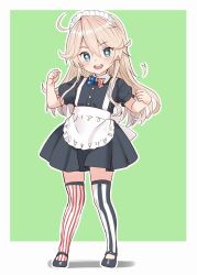 1girl aged_down alternate_costume american_flag_bow apron asymmetrical_legwear black_shirt black_skirt blonde_hair blue_eyes bow bowtie commentary_request enmaided frilled_apron frills full_body green_background iowa_(kancolle) kantai_collection long_hair maid maid_headdress mismatched_legwear mismatched_thighhighs open_mouth round_teeth sakurai_nana_(moshichi) shirt skirt solo standing striped_clothes striped_thighhighs teeth thigh-highs upper_teeth_only vertical-striped_clothes vertical-striped_thighhighs w_arms white_apron 
