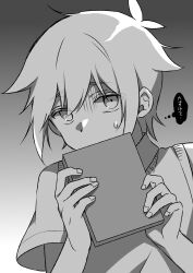  1boy antenna_hair basil_(faraway)_(omori) basil_(omori) collared_shirt commentary_request double-parted_bangs greyscale hair_between_eyes highres looking_at_viewer manimani_(mani_ma) monochrome omori shirt short_hair short_sleeves sidelocks solo speech_bubble sweatdrop sweater_vest thought_bubble translation_request 