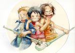  arm_grab bandaid blush brothers chikama chikama_(minka) child family freckles grin happy monkey_d_luffy multiple_boys one_piece pipes pole portgas_d_ace sabo_(one_piece) scar siblings smile weapon young 