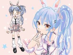  1girl :3 aiyu_ogaki animal_ear_fluff animal_ears arm_up asymmetrical_legwear black_necktie black_shoes black_socks blue_hair blush bow bracelet breasts cardigan cardigan_around_waist cellphone clothes_around_waist collarbone collared_shirt commentary_request creature diagonal-striped_clothes diagonal-striped_necktie don-chan_(usada_pekora) dot_nose from_side full_body fur_wrist_cuffs grey_skirt gyaru hair_bow hair_ornament hair_scrunchie hairclip high-waist_skirt high_side_ponytail hikimayu hololive inward_v jewelry kneehighs kogal leg_warmers loafers long_hair looking_at_viewer loose_hair_strand loose_necktie miniskirt multicolored_hair multiple_views necktie official_alternate_costume official_alternate_hairstyle orange_eyes parallel_hairclips parted_bangs parted_lips partially_unbuttoned phone piercing pink_background pink_cardigan pink_scrunchie plaid_clothes plaid_skirt platform_shoes pleated_skirt pom_pom_(clothes) pom_pom_hair_ornament rabbit rabbit-shaped_pupils rabbit_ear_smartphone_case rabbit_ears rabbit_girl school_uniform scrunchie shirt shirt_tucked_in shoes short_eyebrows side_ponytail sidelocks single_wrist_cuff skirt sleeves_rolled_up small_breasts smartphone smile socks solo_focus standing star_(symbol) star_symbol_background straight-on striped_clothes striped_necktie symbol-shaped_pupils thick_eyebrows two-tone_hair upper_body usada_pekora usada_pekora_(12th_costume) v virtual_youtuber white_bow white_hair white_leg_warmers white_shirt wrist_cuffs 