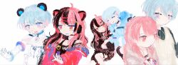  ahoge animal_ear_headphones animal_ears bang_dream! bang_dream!_yumemita bear_ears black_hair black_shirt blue_hair elbow_gloves fake_animal_ears fishnet_top fishnets gloves hair_ornament hairclip headphones highres jacket long_hair long_sleeves minetsuki_ritsu minetsuki_ritsu_(real) multicolored_hair multiple_girls open_clothes open_mouth pink_hair red_eyes red_jacket sengoku_yuno sengoku_yuno_(real) shirt short_hair simple_background skirt two-tone_hair vest virtual_youtuber white_gloves white_vest yumei_yume 
