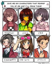  1other 2boys 3girls ace_attorney antenna_hair apollo_justice apollo_justice:_ace_attorney apple black_hair blue_eyes braid brown_eyes brown_hair character_request checkered_sweater colored_skin crossover deltarune east-west_crossover ema_skye eyewear_on_head food fruit holding holding_food holding_fruit holding_knife kitchen_knife knife kris_(deltarune) madotsuki miles_edgeworth multiple_boys multiple_drawing_challenge multiple_girls phoenix_wright:_ace_attorney pink-tinted_eyewear pink_shirt pink_sweater ponytail print_sweater project_sekai red_suit red_vest sherinrinrin shirt six_fanarts_challenge suit sweater tinted_eyewear twin_braids utdr_(toby_fox) vest yellow_skin yume_nikki 
