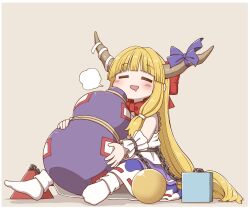  1girl =_= ball_and_chain_restraint blonde_hair blush bow brown_horns commentary_request drooling facing_viewer gourd hair_bow holding holding_gourd horn_ornament horn_ribbon horns ibuki_suika long_hair mouth_drool oni open_mouth oversized_object poronegi purple_skirt red_bow ribbon ribbon-trimmed_skirt ribbon_trim shirt sitting skirt smile socks solo touhou very_long_hair white_shirt white_socks 