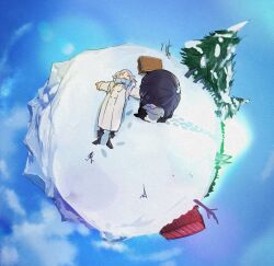  2girls coat commentary day fern_(sousou_no_frieren) footprints frieren higemu highres lying mountain multiple_girls on_back on_ground outdoors panorama shipping_container snow sousou_no_frieren tree winter_clothes 