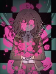  1girl absurdres alternate_hair_ornament breasts brown_hair brown_jacket collared_shirt commentary_request danganronpa_(series) danganronpa_3_(anime) flipped_hair flower hair_ornament highres hope's_peak_academy_school_uniform jacket korean_commentary long_sleeves medium_hair nanami_chiaki neck_ribbon open_clothes open_jacket pink_ribbon pleated_skirt ribbon school_uniform shirt skirt smile solo triangle_hair_ornament white_shirt yobiglskxk 
