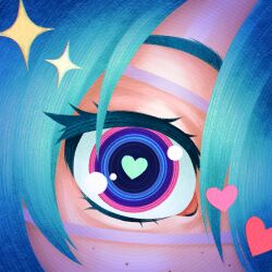  1girl aqua_hair blue_eyes colored_eyebrows commentary cryptidhermit english_commentary eyeball eyepatch fisheye hatsune_miku heart heart-shaped_pupils highres medical_eyepatch monitoring_(vocaloid) multicolored_eyes one_eye_covered painterly pink_eyes pov_peephole sparkle symbol-shaped_pupils violet_eyes vocaloid 