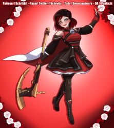  1girl bare_shoulders black_boots black_gloves black_hair blush boots breasts brown_pantyhose cape clip_studio_paint_(medium) commentary detached_sleeves deviantart_username dress drop_shadow elbow_gloves english_commentary eyelashes fingerless_gloves flower full_body gloves grey_eyes highres holding holding_weapon multicolored_hair open_mouth pantyhose patreon_username red_background red_dress red_hair rwby schrwby short_hair smile solo summer_rose teeth twitter_username two-sided_cape two-sided_fabric two-tone_hair upper_teeth_only weapon white_flower 