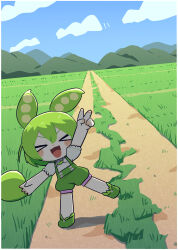  >_< 1girl :3 :d absurdres animal_ears arm_up blush_stickers boots border chibi chibi_only closed_eyes clouds commentary day double-parted_bangs facing_viewer full_body grass green_boots green_hair green_shorts hair_between_eyes highres konohoshi long_hair open_mouth outdoors shirt short_sleeves shorts smile solo standing standing_on_one_leg suspenders untranslatable_commentary v v-shaped_eyebrows voiceroid white_border white_shirt x3 xd zundamon 