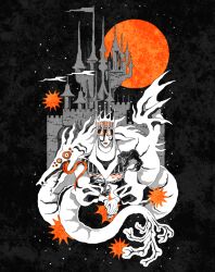  1boy black_hair castle closed_eyes crown dragon eyelashes eyeshadow fantasy flag gem greek_painting_style highres iliothermia lips lipstick makeup male_focus mastectomy_scar original prince scar scar_on_chest solo tattoo 