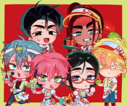  3boys 3girls alien_stage apron balloon black_eyes black_hair black_shirt blonde_hair blue_pants border carhop chibi chibi_only collared_shirt colored_eyelashes commentary crop_top dark-skinned_female dark_skin drink english_commentary foam_finger food food_in_mouth french_fries green_eyes grey_hair hair_between_eyes headset high_side_ponytail highres holding holding_tray hyuna_(alien_stage) ivan_(alien_stage) jeinb174 layered_shirt long_hair luka_(alien_stage) microphone mizi_(alien_stage) mouth_hold multiple_boys multiple_girls official_alternate_costume open_mouth outside_border pants pink_hair red_background red_pupils roller_skates shirt short_hair short_sleeves side_ponytail skates skirt striped_clothes striped_shirt sua_(alien_stage) sweat thick_eyebrows till_(alien_stage) tray two-tone_shirt vertical-striped_clothes vertical-striped_shirt visor_cap waiter waitress white_apron white_shirt yellow_border yellow_eyes yellow_shirt yellow_skirt 
