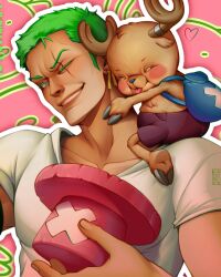  2boys antlers backpack bag blue_bag blush_stickers commentary earrings full_body furry furry_male green_hair hat highres holding holding_unworn_clothes holding_unworn_hat hooves horns hug jewelry kryjovnikart male_focus multiple_boys on_shoulder one_eye_closed one_piece reindeer_antlers roronoa_zoro scar scar_on_face shirt short_hair short_sleeves shorts sitting sitting_on_person smile straw_hat_pirates tongue tongue_out tony_tony_chopper unworn_hat unworn_headwear upper_body white_shirt 