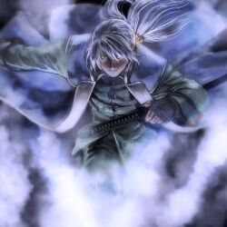  1boy aura bakumatsu_rouman bakumatsu_rouman_dainimaku bandaged_hand bandages black_gloves commentary_request dark-skinned_female dark_skin evil_smile fingerless_gloves fog gloves grey_hair hair_over_one_eye hand_on_weapon highres holding holding_weapon japanese_clothes katana left-handed long_hair long_sleeves looking_at_viewer male_focus okm181 ponytail running setsuna_(bakumatsu_rouman) sheath sheathed smile smoke snk solo sword unsheathed upper_body weapon white_hair yellow_eyes 