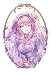  1girl absurdres blue_eyes commentary dress flower grey_dress head_wreath highres jewelry long_hair megurine_luka necklace pearl_necklace pink_hair pink_ribbon pipi_(pipinavigation) ribbon solo vocaloid 