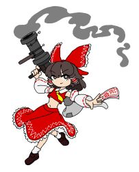  1girl black_shoes bow brown_eyes brown_hair commentary cropped_shirt detached_sleeves english_commentary frilled_bow frilled_hair_tubes frills full_body hair_bow hair_tubes hakurei_reimu highres holding holding_ofuda holding_rocket_launcher holding_weapon jomun long_hair looking_at_viewer midriff navel ofuda red_bow red_shirt red_skirt rocket_launcher shirt shoes simple_background skirt smoke socks solo team_fortress_2 touhou weapon white_background white_sleeves white_socks 