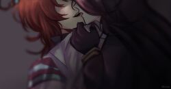  2girls absurdres agnes_tachyon_(tach-nology)_(umamusume) agnes_tachyon_(umamusume) artist_name biting biting_another's_lip black_gloves black_hair blush brown_hair calixxx commentary english_commentary eyes_out_of_frame gloves grey_background head_out_of_frame highres long_hair manhattan_cafe_(creeping_shadow)_(umamusume) manhattan_cafe_(umamusume) medium_hair multiple_girls parted_lips smile umamusume yuri 
