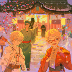  5boys ^_^ absurdres architecture arrow_(projectile) black_hair blonde_hair branch closed_eyes commentary east_asian_architecture ema glasses green_hair grin hamaya highres hotarumaru ichigo_hitofuri japanese_clothes kashuu_kiyomitsu kimono lantern male_focus mikazuki_munechika multiple_boys new_year open_mouth red-framed_eyewear red_eyes saniwa_(touken_ranbu) smile snow snowing snowman sola0316 touken_ranbu white_hair winter yellow_eyes yukata 