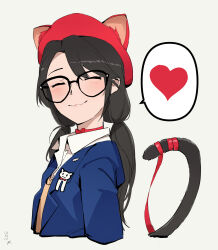  :3 animal_ears animal_hat black_hair cat_day cat_ears cat_hat cat_tail choker closed_eyes collared_shirt commentary_request cropped_torso facing_viewer fake_animal_ears from_side glasses hat heart highres idolmaster idolmaster_shiny_colors long_hair low_twintails mitsumine_yuika ribbon ribbon_choker school_uniform shirt smile spoken_heart tail tail_ornament tail_ribbon twintails ywr 