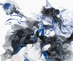  1girl absurdres animal_ear_fluff animal_ears black_choker black_hat black_ribbon blue_ribbon choker closed_mouth colored_skin commentary commission detached_sleeves dress eyelashes facial_mark fox_ears fox_girl frilled_choker frills gem hair_ornament hat highres holding holding_staff long_hair long_sleeves looking_at_viewer maoli_(xhs_836185431) original pearl pearl_hair_ornament puffy_sleeves purple_hair ribbon simple_background single_bare_shoulder solo staff untranslatable_commentary very_long_hair violet_eyes watermark white_background white_skin 