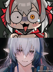  1boy 1girl :3 absurdres antenna_hair arknights bkub_(style) blue_hair blush chibi chinese_commentary closed_mouth commentary_request constricted_pupils demon_girl demon_horns demon_tail grey_hair hair_between_eyes highres horns jacket long_hair looking_at_viewer lulu_(shiduopili_lu) mismatched_pupils multicolored_hair nervous_sweating open_mouth pink_eyes pointy_ears red_horns red_jacket smile streaked_hair surprised sweat tail turn_pale upper_body v-shaped_eyebrows w_(arknights) watermark weibo_watermark wide-eyed wis'adel_(arknights) yellow_eyes yi_(arknights) 