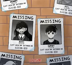  antenna_hair aubrey_(omori) basil_(faraway)_(omori) basil_(omori) black_hair brother_and_sister commentary english_commentary highres kel_(omori) kitsune_viento mari_(omori) missing_poster omori shirt short_hair siblings smile sunny_(omori) 