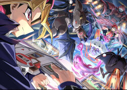  2boys absurdres aq_gohan backpack bag black_shirt blonde_hair bright_pupils card character_request closed_mouth commentary_request hand_on_headwear hat highres holding holding_card holding_poke_ball jacket long_sleeves male_focus multiple_boys muto_yugi outstretched_arm poke_ball pokemon pokemon_firered_and_leafgreen red_(pokemon) red_eyes red_hat red_vest shirt short_sleeves split_mouth standing vest vs_seeker white_pupils wristband yellow_bag yu-gi-oh! yu-gi-oh!_duel_monsters 