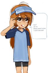  1girl 482egg adjusting_eyewear bike_shorts black-framed_eyewear blue_shirt brown_eyes buck_teeth commentary english_commentary english_text eyelashes freckles glasses low_twintails open_mouth orange_hair original raglan_sleeves shirt solo speech_bubble teagan_(482egg) teeth twintails visor_cap white_background 