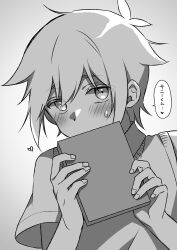  1boy antenna_hair basil_(faraway)_(omori) basil_(omori) blush collared_shirt commentary_request double-parted_bangs greyscale hair_between_eyes highres looking_at_viewer manimani_(mani_ma) monochrome omori shirt short_hair short_sleeves sidelocks solo speech_bubble sweatdrop sweater_vest translation_request 