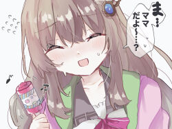  1girl 9-nine- :d ^_^ blush bow brown_hair cardigan close-up closed_eyes commentary_request facing_viewer flying_sweatdrops gear_hair_ornament hair_ornament hakusen_academy_school_uniform highres holding kujou_miyako long_hair motion_lines musical_note nervous nervous_smile nervous_sweating open_mouth pink_cardigan purple_bow sakaniwa_t school_uniform sidelocks simple_background sketch smile solo speech_bubble sweat translated white_background 
